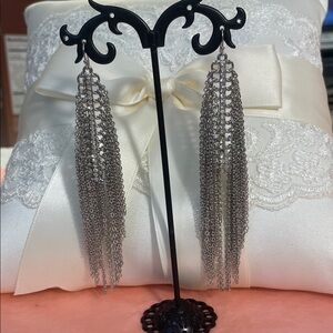 Elegant Silver Tassel Earrings with a center bar with rhinestones